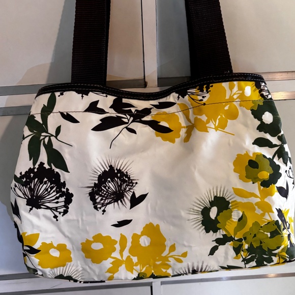 NINE CO Nylon Handbag White Florals Brown Straps Zip & Snap Closure - Picture 5 of 16